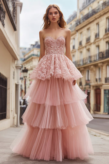 Pink Tiered Strapless Lace A Line Prom Dress